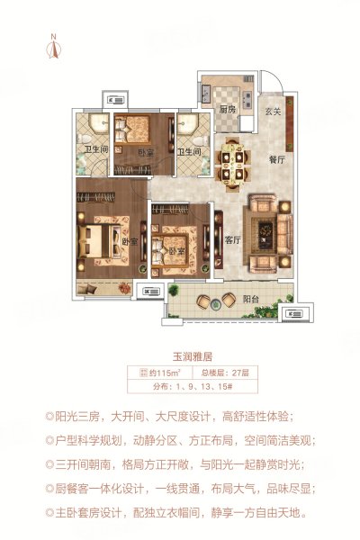 长葛建业公园里玉润雅居户型,长葛建业公园里3室2厅2卫1厨约115.00平米户型图,朝南朝向 - 许昌安居客