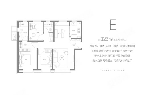 京投发展·北熙区E户型，京投发展·北熙区3室2厅2卫1厨约123.00平米户型图，朝南北朝向 - 北京安居客