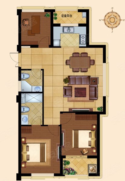万里世纪豪庭A2户型,万里世纪豪庭3室2厅2卫0厨约107.00平米户型图,朝南朝向 - 余姚安居客