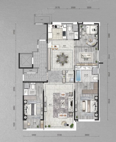华润置地|瑞府222㎡户型，华润置地|瑞府4室2厅3卫1厨约222.00平米户型图，朝南北朝向 - 沈阳安居客