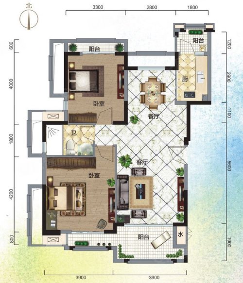 富力盈溪谷C1户型，富力盈溪谷2室2厅1卫0厨约95.00平米户型图，朝东朝向 - 海口安居客