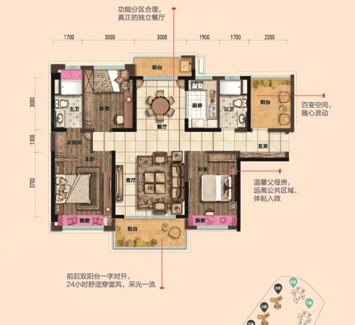 碧桂园珑悦3/4/5座03户型，碧桂园珑悦4室2厅2卫1厨约128.00平米户型图，朝南朝向 - 佛山安居客