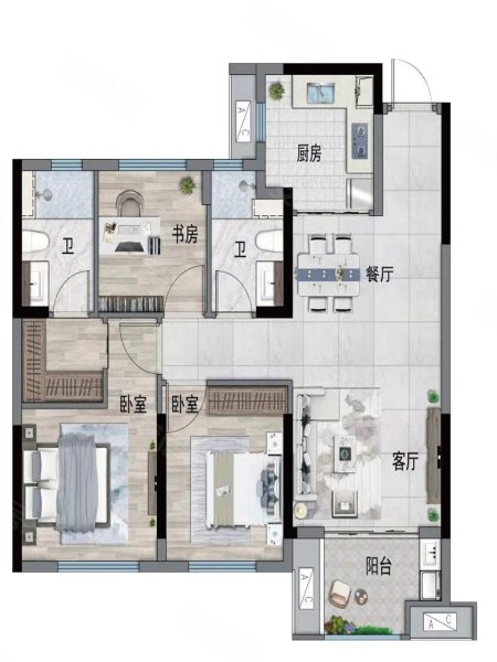 金地自在城89平F户型,金地自在城3室2厅2卫1厨约89.00平米户型图,朝南朝向 - 福州安居客