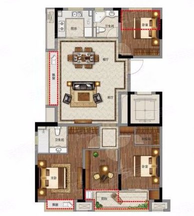 万固西江月D1,万固西江月4室2厅2卫1厨约130.00平米户型图,朝南朝向 - 金华安居客