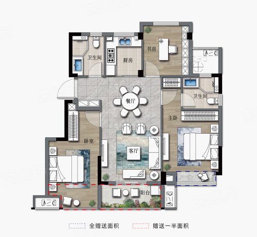 金麟禾府93方户型,金麟禾府3室2厅2卫1厨约93.00平米户型图,朝南朝向 - 义乌安居客