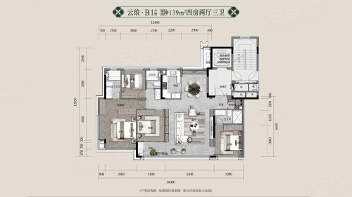 建发朝阳观云云琅B1户型,建发朝阳观云4室2厅3卫1厨约139.00平米户型图,朝南朝向 - 南昌安居客