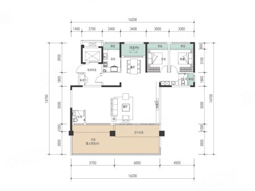 山河·名著C3户型，山河·名著2室2厅2卫1厨约143.82平米户型图，朝南北朝向 - 汉中安居客