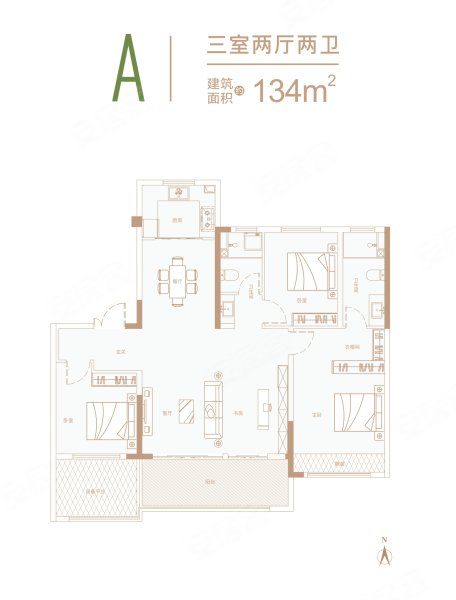 苏荷揽月庭A户型,苏荷揽月庭3室2厅2卫1厨约134.00平米户型图,朝南朝向 - 漯河安居客