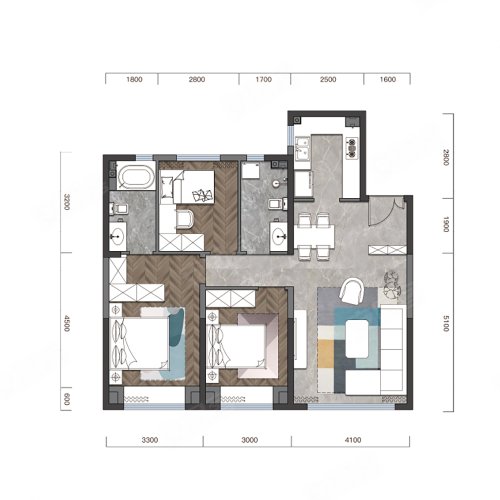 璞玥风华B户型,璞玥风华3室2厅2卫1厨约106.00平米户型图,朝南北朝向 - 赤峰安居客