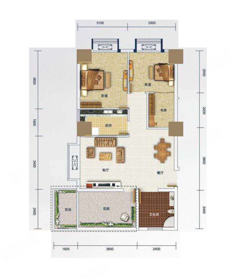 滨江学府B户型,滨江学府2室2厅1卫1厨约85.75平米户型图,朝南北朝向 - 武汉安居客