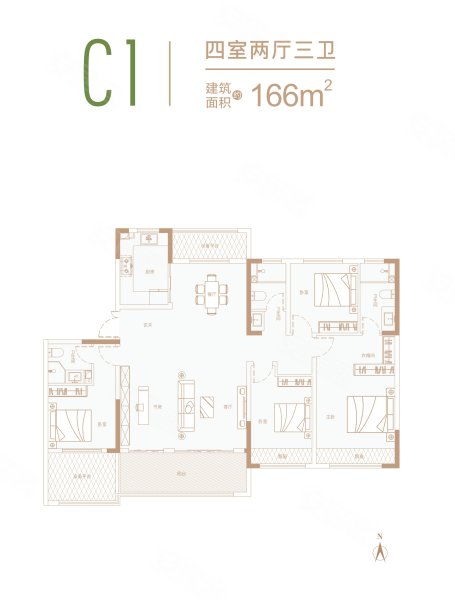 苏荷揽月庭C1户型,苏荷揽月庭4室2厅3卫1厨约166.00平米户型图,朝南朝向 - 漯河安居客