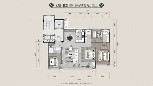 建发朝阳观云云琅B2户型,建发朝阳观云4室2厅3卫1厨约139.00平米户型图,朝南朝向 - 南昌安居客