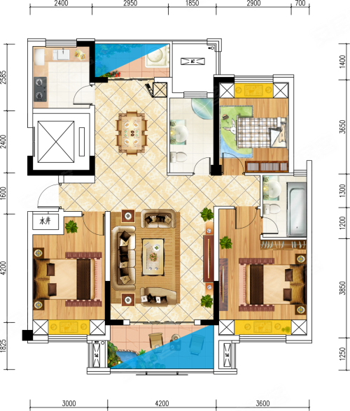 金色港湾B户型，金色港湾3室2厅2卫1厨约125.00平米户型图，朝南朝向 - 黄石安居客