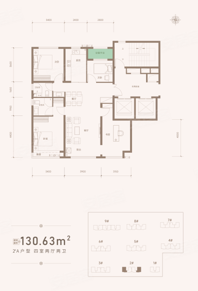 金誉府西区130平米户型，金誉府4室2厅2卫1厨约130.00平米户型图，朝南朝向 - 石家庄安居客