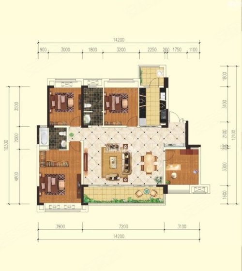 融创九阙府A1户型,融创九阙府4室2厅2卫1厨约143.00平米户型图,朝南北朝向 - 绵阳安居客