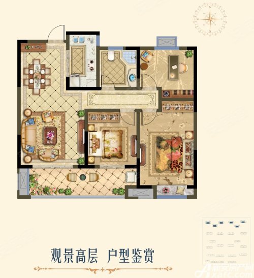 国购名城B高层户型-3室2厅1卫,国购名城3室2厅1卫1厨约107.00平米户型图,朝南朝向 - 东至安居客