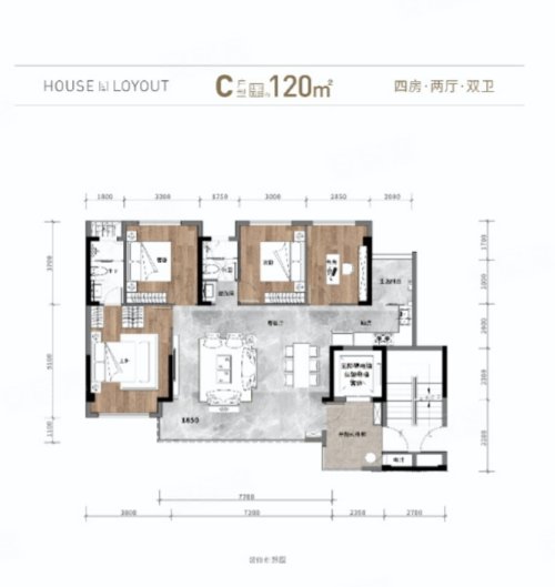 嘉禾滨湖颂C户型,嘉禾滨湖颂4室2厅2卫1厨约120.00平米户型图,朝南北朝向 - 成都安居客