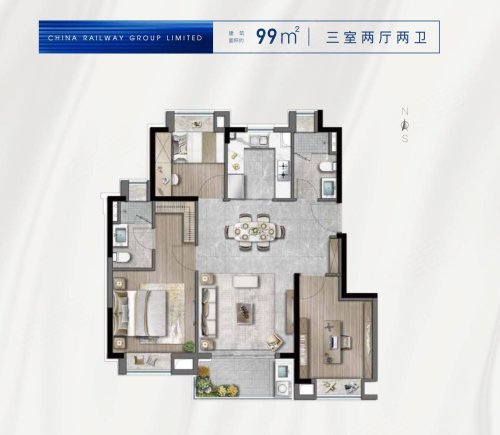 中铁诺德·璟宸99平洋房，中铁诺德·璟宸3室2厅2卫1厨约99.00平米户型图，朝南朝向 - 上海安居客