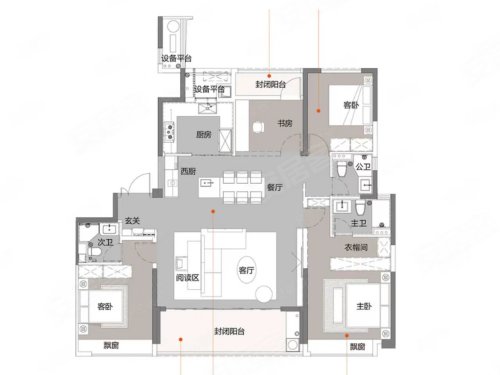 天樾玺二期180B户型，天樾玺4室2厅3卫1厨约180.00平米户型图，朝南朝向 - 温州安居客