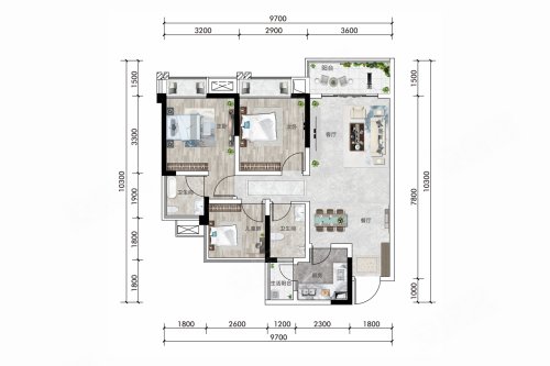 嘉宏·未来城悦逸B4,嘉宏·未来城3室2厅2卫1厨约90.08平米户型图,朝东朝向 - 内江安居客