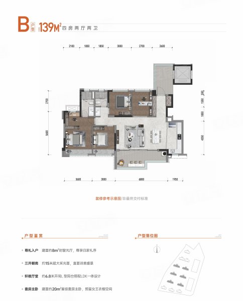 锦宸樾府139B,锦宸樾府4室2厅2卫1厨约139.00平米户型图,朝南朝向 - 成都安居客