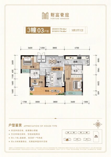 财富豪庭3栋03户型,财富豪庭3室2厅2卫1厨约92.46平米户型图,朝南朝向 - 茂名安居客
