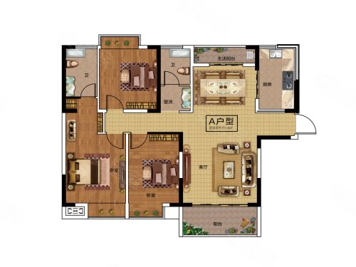 天和家园A户型，天和家园3室2厅2卫1厨约136.00平米户型图，朝南朝向 - 南阳安居客