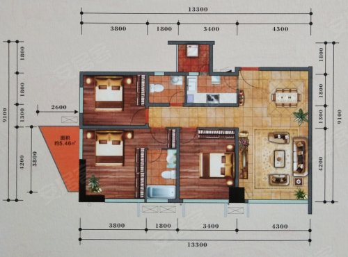 建工大厦A户型,建工大厦3室2厅2卫1厨约121.15平米户型图,朝东朝向 - 绵阳安居客