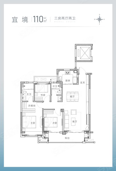 滨耀之城110方户型,滨耀之城3室2厅2卫1厨约110.00平米户型图,朝南朝向 - 绍兴安居客