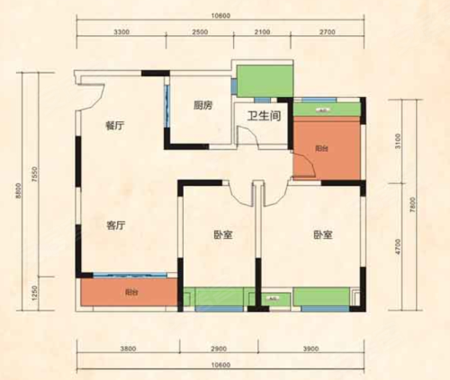 金科公园王府E户型3-5层,金科公园王府2室2厅1卫1厨约88.00平米户型图,朝南朝向 - 内江安居客