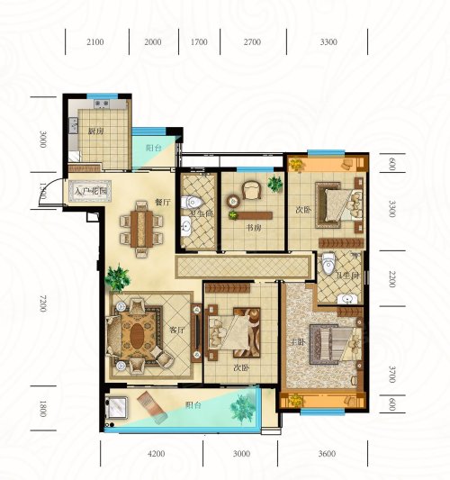 东方御府A户型，东方御府4室2厅2卫1厨约141.41平米户型图，朝南北朝向 - 咸宁安居客