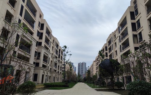 小区实景展示,洋房一梯两户电梯入户总高6-8层.