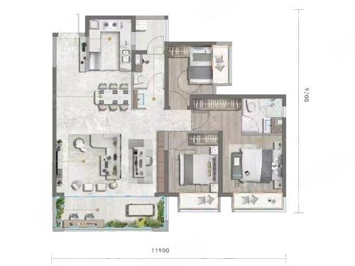 能建未来城5栋D2户型，能建未来城3室2厅2卫1厨约120.00平米户型图，朝南朝向 - 昆明安居客