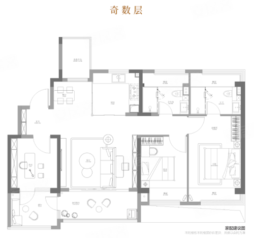 玖印府119平奇数层,玖印府3室2厅2卫1厨约119.00平米户型图,朝南朝向 - 南京安居客