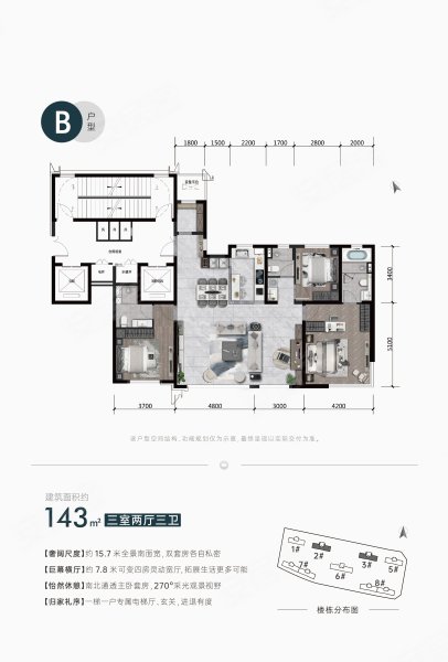 保利东港天汇143平,保利东港天汇3室2厅3卫0厨约143.00平米户型图,朝南北朝向 - 大连安居客