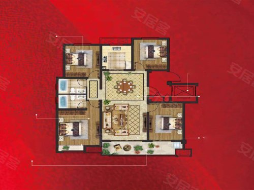 中梁壹号院户型2,中梁壹号院4室2厅2卫1厨约138.00平米户型图,朝南朝向 - 濮阳安居客
