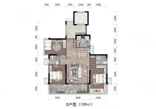 建发养云D户型，建发养云3室2厅2卫1厨约109.00平米户型图，朝南朝向 - 南宁安居客