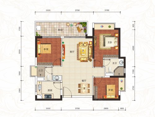 中泰峰境c1户型,中泰峰境3室2厅2卫1厨约97.