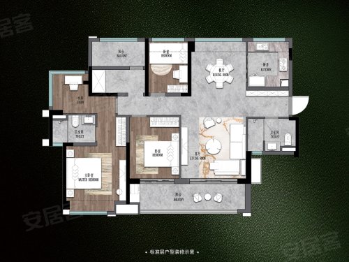 美的东樾湾建面135平米户型,美的东樾湾4室2厅2卫1厨约135.00平米户型图,朝南朝向 - 佛山安居客