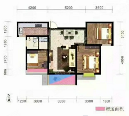 锦悦府103户型，锦悦府3室2厅1卫1厨约103.83平米户型图，朝南北朝向 - 宝鸡安居客