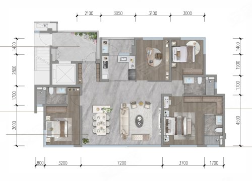 邦泰揽境C户型，邦泰揽境4室2厅3卫1厨约125.00平米户型图，朝南朝向 - 成都安居客