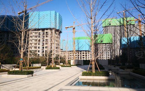 万科城七期湖心岛气派的南主大门南门底商以及项目园区内部工程进度