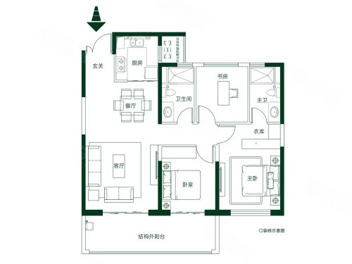 楚天都市·御湖一品B3户型,楚天都市·御湖一品3室2厅2卫1厨约121.00平米户型图,朝南北朝向 - 荆州安居客