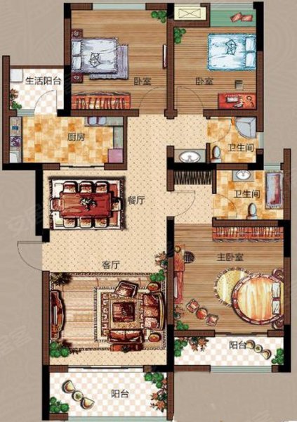 金科中央公园城B4户型,金科中央公园城3室2厅2卫1厨约109.04平米户型图,朝南朝向 - 内江安居客