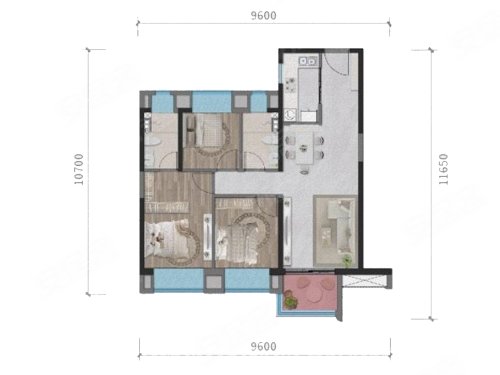雅居乐中央雅府B户型,雅居乐中央雅府3室2厅2卫1厨约99.00平米户型图,朝南朝向 - 昆明安居客