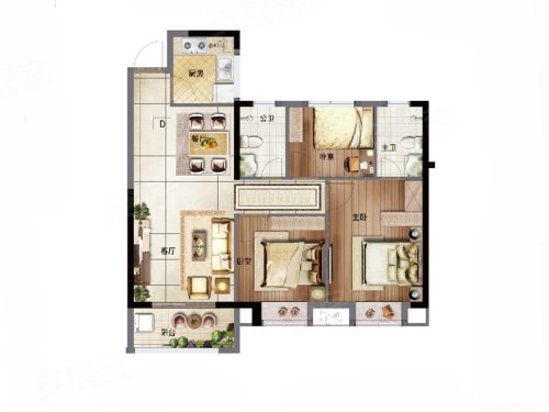 南益惠景豪庭D户型,南益惠景豪庭3室2厅2卫1厨约89.00平米户型图,朝南朝向 - 泉州安居客