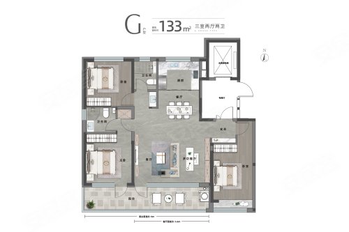财信·君澜G户型133平，财信·君澜3室2厅2卫1厨约133.00平米户型图，朝南朝向 - 聊城安居客