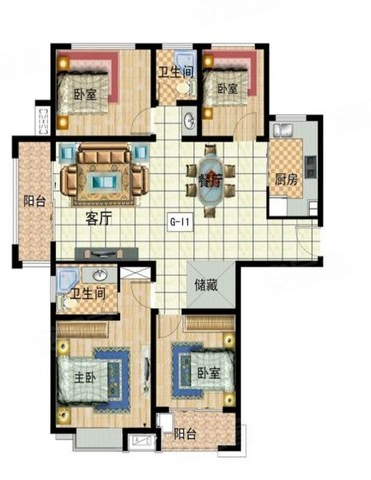 国大富九华熙142平4室2厅2卫,国大富九华熙4室2厅2卫1厨约142.85平米户型图,朝南朝向 - 开封安居客
