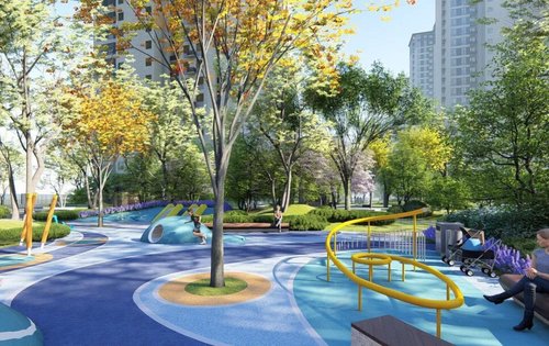 社区配备老年活动场所广场前晨练林荫道散步