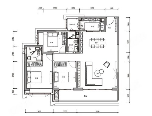 豪庭铭苑E户型,豪庭铭苑3室2厅2卫1厨约143.00平米户型图,朝南朝向 - 海口安居客